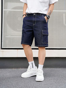 Pantalones cortos de mezclilla Cargo de patrón sólido de estilo callejero para hombre, pantalones cortos holgados medio rectos al por mayor con opciones de personalización completas - Product Image 5