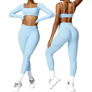 Conjunto de Yoga sin Costuras para Mujer, Top Corto de Manga Larga, Leggings de Cintura Alta con Efecto Push-Up, Ropa Deportiva para Gimnasio y Entrenamiento - Product Image 1