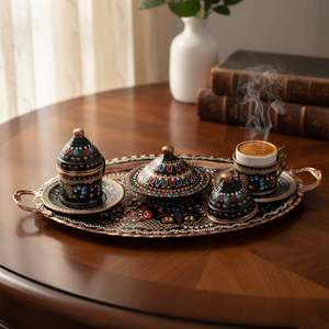 Copper Enamel Work Erzincan Luxury European 2-Person Oval <b>Cup</b> <b>Set</b> for Parties Hotels Stylish Metal Teacups Stocked Coffee <b>Sets</b> - Product Image 1
