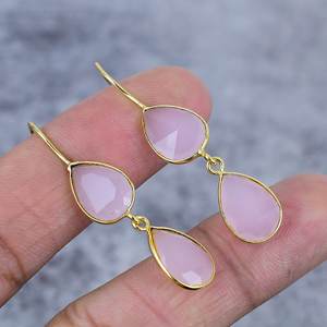 Boucles d'oreilles pour femmes en argent sterling 925, délicates, en chalcédoine rose, forme poire, pierres précieuses, plaquées or, cadeau pour elle - Product Image 1