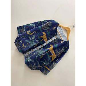 Hand Block-Printed <b>Quilted</b> Cotton <b>Jacket</b> with Coconut Shell Buttons Full Sleeve Summer the Jungle Navy - Product Image 5