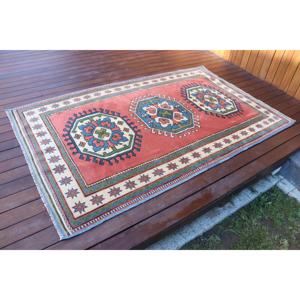 Alfombra Vintage de 4x6.4 pies, Alfombra Turca, Alfombra a Cuadros Roja y Azul - Product Image 2