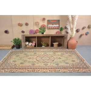 Vintage Turkish Rug 5x8.7ft Beige <b>Brown</b> Large Area Woolen Patchwork Design Rectangle Hallway Style Latex Backing for Teens - Product Image 1