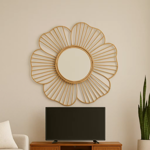 Espejo de Pared/Vanity de Ratán y Bambú Tejido a Mano, Duradero, Ligero y Ecológico, Diseño Boho Sunburst, Decorativo para Baño - Product Image 1