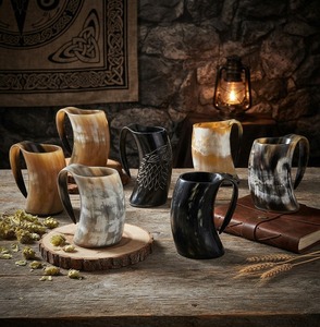 REHMAN CRAFT Handmade Natural Horn Drinking <b>Mug</b> <b>Vintage</b> Rustic Style Large Capacity Beer Tankard Handle Dining Use Uttar Pradesh - Product Image 1
