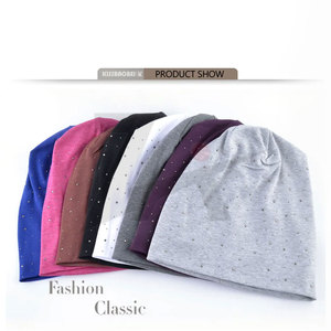 Fashion Rhinestone Beanies Women Spring Autumn Solid Color Skullies Beanie Cap Ladies Cotton Soft Bonnet <b>Hat</b> Female Beanies - Product Image 2