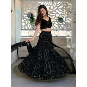 Impresionante Vestido de Gala Negro con Bordado en Organza, Estilo Línea A, Lehenga Choli para Invitadas de Boda, para Fiestas Formales, Largo hasta el Suelo, Cintura Imperio - Product Image 3