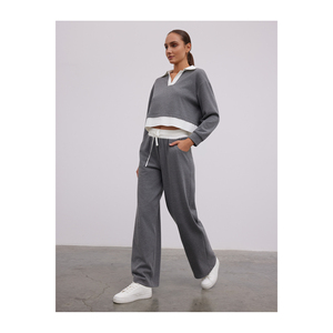 Pantalones de punto transpirables para mujer, de pierna recta, con cintura elástica y ribete de algodón, color marrón claro antracita - Product Image 1
