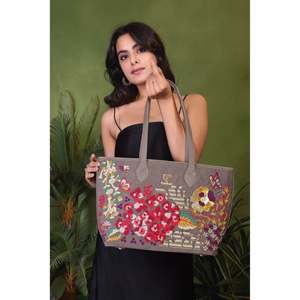 Sac fourre-tout pour ordinateur portable en cuir végétalien pour femme, style bohème, ouvert, avec fermeture à crochet, gris uni, résistant à l'eau, broderie, toutes saisons - Product Image 2