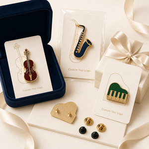 Badges de revers personnalisés minimalistes en émail plaqué or, motifs saxophone, violon, piano - Product Image 2