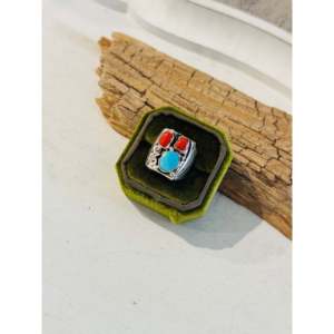 Anillo Hecho a Mano con Patrón Geométrico Romántico, Estilo Navajo, con Múltiples Piedras, Plata de Ley, Engaste de Coral, Talla 7.5, para Uso Diario - Product Image 3