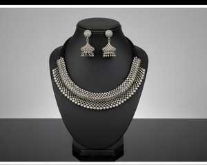 Conjunto de collar de estilo gargantilla de fiesta de diseñador pulido de plata oxidada elegante joyería étnica india tradicional para mujer - Product Image 5