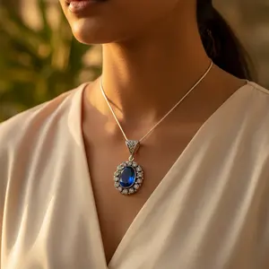 Colgante Ovalado de Plata 925 con Gema Azul, Amuleto Religioso Hecho a Mano para Mujer, Joyería de Regalo con Cristal y Perla como Piedra Principal - Product Image 2