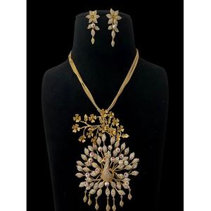 Classic Stylish <b>Gold</b> Plated Moissanite Peacock Blossom Long Necklace <b>Set</b> with <b>Earrings</b> Women Designer Jewelry Wedding Party Gift - Product Image 1