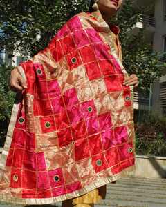 Best Quality <b>Women's</b> Phulkari Handmade Silk <b>Shawls</b> From India Bright Colours Satin Dupatta with Mirror Work for Winter - Product Image 2