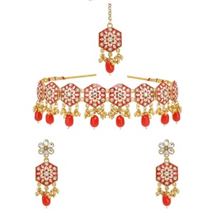 Fabricantes de joyería India Kundan cristal esmalte gargantilla collar nupcial conjunto de joyas para mujeres joyería al por mayor, Rojo - Product Image 1