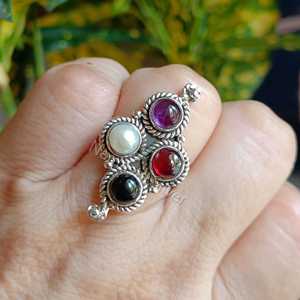 Women's Handmade <b>Statement</b> <b>Ring</b> in Sterling Silver with Garnet Amethyst Pearl Black Onyx Multi-Gemstones for Party - Product Image 5