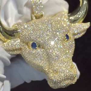 Pendentif visage de taureau 3D en argent sterling 925 avec diamant moissanite, breloques hip hop, fête, plaqué or, bijoux fins - Product Image 3