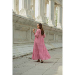 Cotton Midi <b>Dress</b> <b>with</b> Stripe Hand Block Print Boho Artisan Style Oversized Long Sleeves Loose Fit <b>Pockets</b> ODM 5XL Bridesmaid - Product Image 6