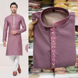 Premium Ethnic Wear Collection Heavy <b>Silk</b> Jacquard With Heavy Embroidery Work Men's Wear Kurtis with Raymond Cotton <b>Pyjama</b> Set - Product Image 4