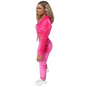 Wholesale Winter Streetwear Solid Heavyweight Velour Hooded <b>Crop</b> <b>Top</b> Set Casual Custom Velvet Women Tracksuit - Product Image 6