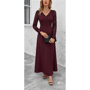 Robe en crêpe scintillante à manches longues, col en V ondulé, bordée de dentelle, pour femme, 37531 - Bourgogne - Product Image 3