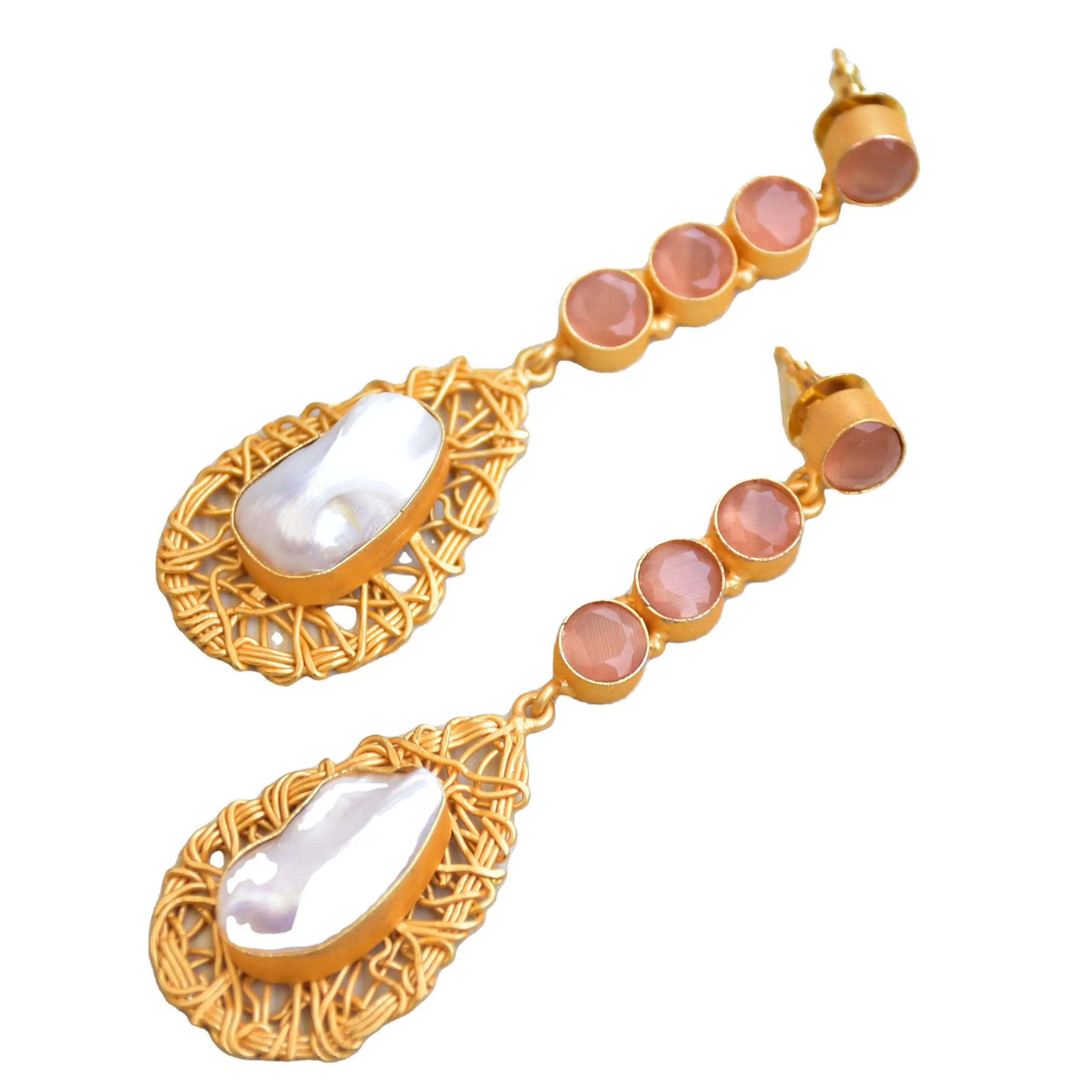 Pendientes de gota de perlas barrocas Vintage, aretes largos geométricos hechos a mano, joyería fina, vendedor indio y mayoristas