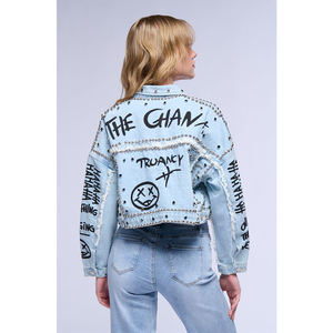 Blouson d'aviateur surdimensionné à fermeture éclair et à bord brut avec graphique brodé personnalisé Denim délavé vintage pour hommes femmes rempli de coton - Product Image 6