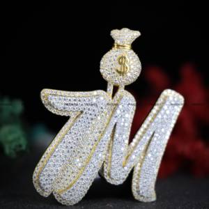 Custom <b>Initial</b> Letter Number Pendant with Money Bag Bail VVS Moissanite Round Brilliant Cut Iced Out Hip Hop <b>Necklace</b> <b>for</b> <b>Men</b> - Product Image 2