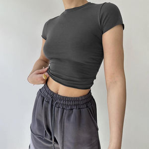 Femmes européennes et américaines Slim Crop Top été à manches courtes Sexy T-Shirt couleur unie Crop Top pour les femmes - Product Image 1