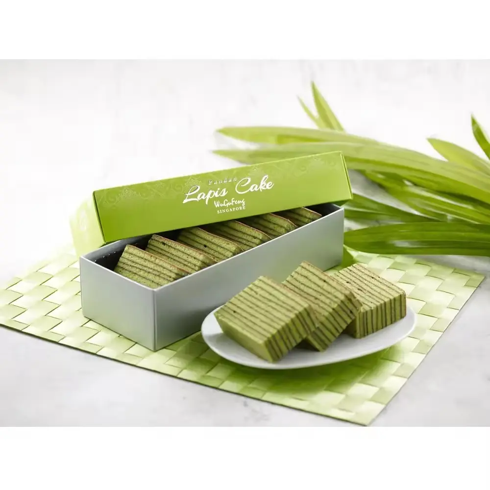 Produtos assados 12 caixas/ctn Bolo Delicioso 6 fatias 390g Pronto para comer Singapura Fresh Pandan Lapis Fatia de Bolo