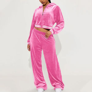 Nueva llegada al por mayor de las mujeres personalizadas conjuntos de las mujeres de otoño e invierno deportes Crop Zip sudaderas con capucha de terciopelo Pantalones deportivos Conjuntos Casuales - Product Image 4