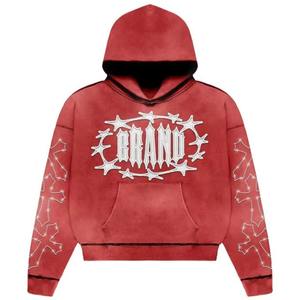 Men's Customize Applique Patches Sun Faded Distressed Boxy Cropped Rhinestone Hoodie Casual 100% Cotton Fleece Hoodie For Unisex - Product Image 5