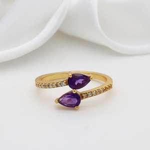 Amethyst Bypass Brass Ring 18k Gold Plated Zircon Dainty Wholesale Ring for women - Product Image 5