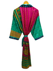 ชุดกิโมโนเย็บปะติดปะต่อกันชุดคลุมบิกินี่เสื้อคลุมยาวสำหรับใส่กลางคืนทำด้วยมือสไตล์อินเดียวินเทจผ้าไหมส่าหรี - Product Image 4