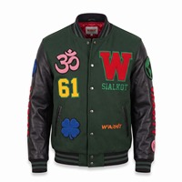 Jaket Varsity Chenille Patch All Over dengan Lengan Kulit Hitam Forest Wool, Jaket Letterman One Love OEM
