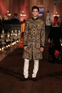 NEW--STYLISH DESIGN of ZARI & RESHAM EMBROIDERY WORK on BLACK SHERWANI WITH WHITE <b>PANT</b> DRESS for PARTY-WEAR/WEDDING @ 2024 - Product Image 2