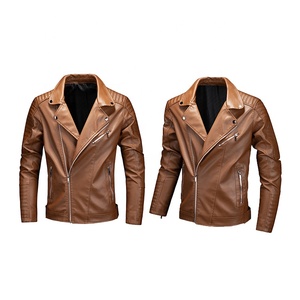 Chaqueta de Moto para Hombre de Cuero PU Marrón con Cremallera, Cuello Vuelto, Ajuste Delgado, Cortavientos de Otoño 2027 - Product Image 1
