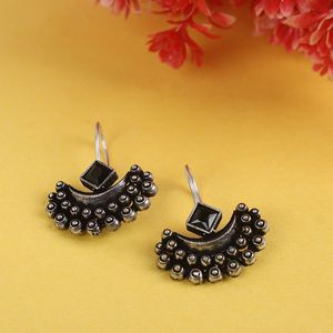 <b>Black</b> OX Dotted Moon Design <b>Stud</b> Huggie <b>Earrings</b> Trendy Stainless Steel Jewelry Princess Cut Zircon Bezel Setting Screw Pattern - Product Image 1