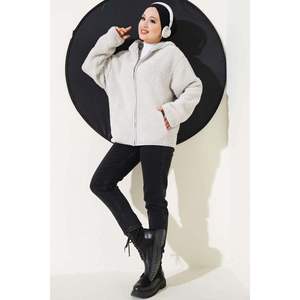 Cárdigan de felpa de acrílico y lana con capucha y cremallera Casual Longitud corta Gris con patrón estampado - Product Image 3