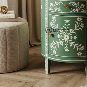 Mesita de noche con incrustaciones de hueso verde hecha a mano, mesita de noche con tres cajones y patrón floral - Product Image 6