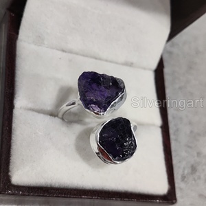 Joyería de piedra en bruto, anillo para mujer, piedra preciosa Natural cruda de amatista, piedra natal de febrero, piedra doble, anillo de Plata de Ley 925 para boda - Product Image 3