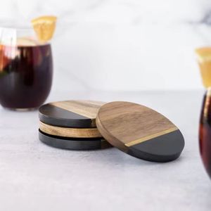 ชุดแผ่นรองแก้วอะคาเซียพร้อมถาดรองแก้วทองเหลืองแบบฝังแผ่นรองแก้วชา4ชิ้น - Product Image 4