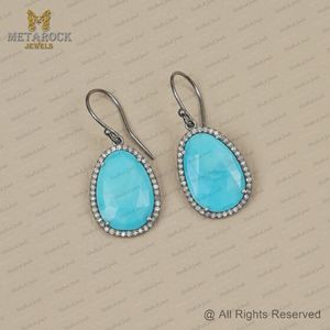 Boucles d'oreilles pendantes en argent 925 oxydé avec pierre précieuse turquoise en diamant naturel, bijoux de créateur, vente en gros - Product Image 4