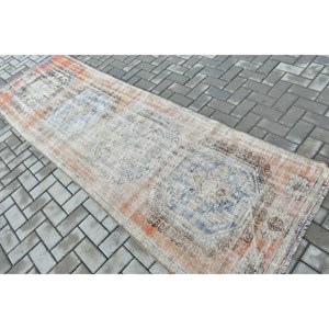 Tapis turc vintage 3,2 x 10,1 pieds, tapis de couloir, tapis persan en laine orange et bleu - Product Image 4