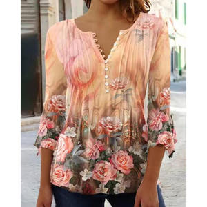 <b>Womens</b> <b>Shirt</b> Blouse Light Blue <b>White</b> Pink Floral Button Print 3/4 Length Sleeve Casual Holiday Basic <b>V</b> <b>Neck</b> Ladies Blouses - Product Image 5