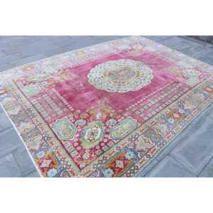 Turkish Rug 7.6x10.3 ft, <b>Red</b> Blue Floral <b>Wool</b> Vintage Rug - Product Image 3