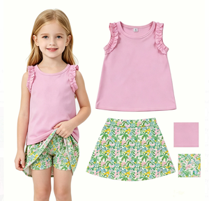 Ensemble de vêtements courts pour bébés filles, tunique en coton rose, jupe active pour yoga, motif plantes marines - Product Image 1