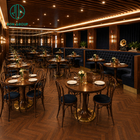 Meubles de restaurant haut de gamme Ron Group, table et chaises en bois massif sur mesure, banquette à dossier haut capitonnée en velours