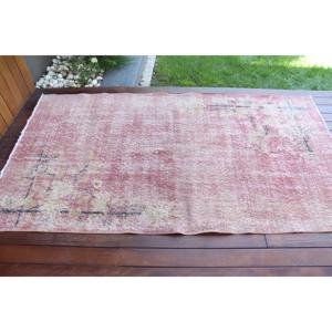 Vintage Area Rug 3.7x6.8 ft, <b>Red</b> Ikat Turkish <b>Wool</b> Rug - Product Image 3